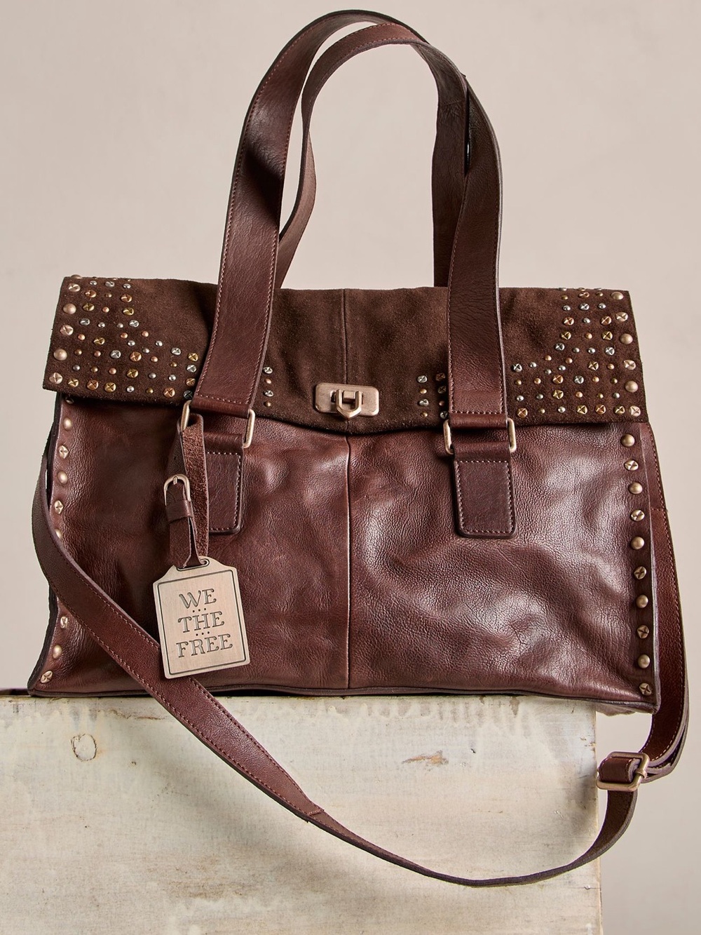 We The Free Dark Brown Studded Leather Shoulder Tote
